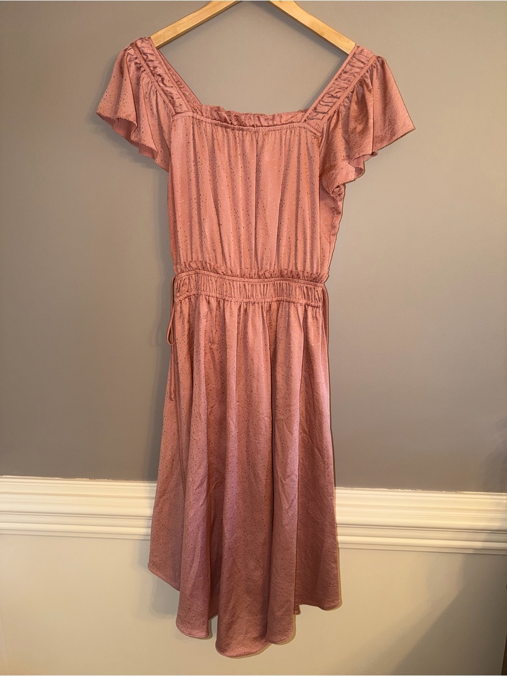 Current Air Dusty Rose & Gold Foil Dot Flutter Sleeve Midi Dress | Size Small